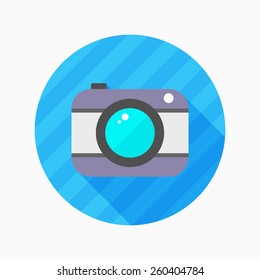 Camera flat icon with long shadow on blue circle background , vector illustration , eps10