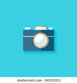 Camera flat icon. Modern flat icons vector collection with long shadow effect in stylish colors of web design objects. Trendy Flat Style. Isolated on blue background. Flat design. EPS 10.