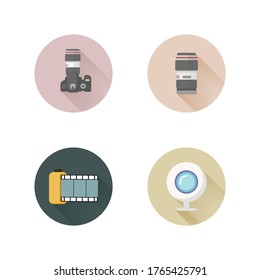 camera flat icon set with long shadow, camera lens, camera film, photo tape, web camera