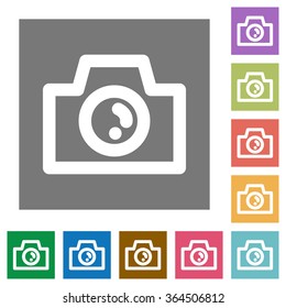 Camera flat icon set on color square background.