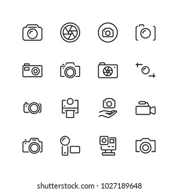 Camera flat icon set. Single high quality outline symbol of info for web design or mobile app. Thin line signs of chat for design logo, visit card, etc. Outline logo of video.