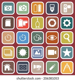 Camera flat icons on red background, stock vector