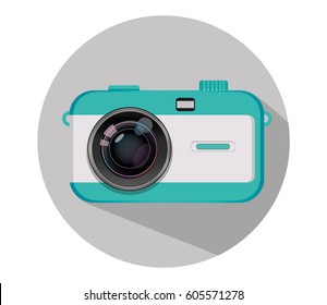camera in a flat style on a colored background. Icon camera.  Isolated camera. Green camera.