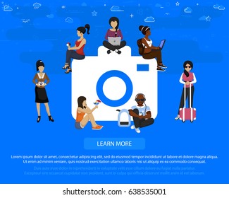 Camera flat vector concept. Illustration of young people tourist near camera large icon.