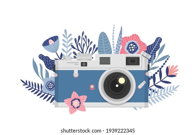 Camera with flowers, Floral Camera logo design, vector illustration, Vintage retro camera icon.