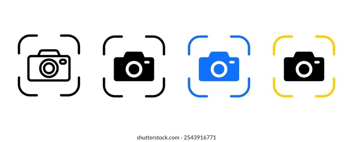 Icono de enfoque de cámara. Marco de enfoque con Ilustración vectorial de cámara fotográfica. Símbolo de captura afilado. Signo de escaneo fotográfico. Pictograma de Imagen de destino. Concepto aislado del tiroteo de la imagen. Botón de interfaz de Web.