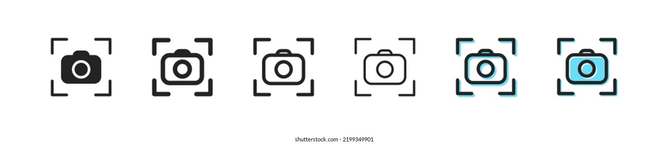 Camera focus icon. Photo shot vector symbol. Simple outline screen icon. Viewfinder icons set. Target lens black and blue web icons. EPS10