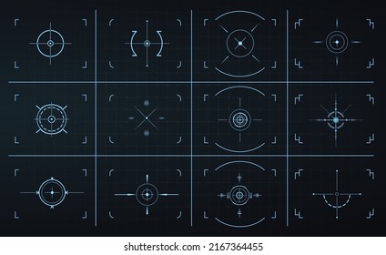 Camera focus icons, autofocus frames, video and photo viewfinder screen. Isolated camera sight icons. Video filming screen, shooting camera recording. Vector illustration