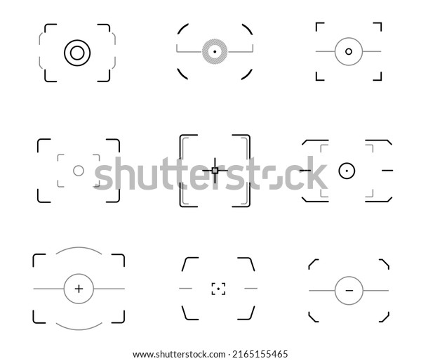 Camera focus icons, autofocus frames or video and\
photo viewfinder vector screen. Digital picture and camera lens\
focus or view finder display with zoom and cam record autofocus\
line targets