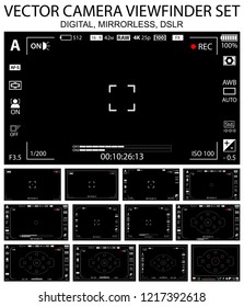 Camera focusing screen 13 in 1 pack - digital, mirorless, DSLR, cameraphone. Black viewfinders camera recording. 4K ready detailed templates. Vector illustration
