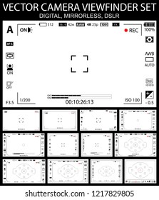 Camera focusing screen 13 in 1 pack - digital, mirorless, DSLR, cameraphone. White viewfinders camera recording. 4K ready detailed templates. Vector illustration