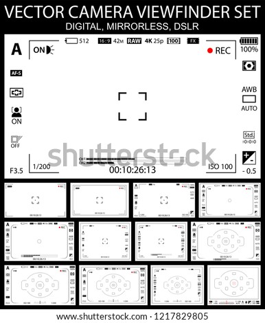 Camera focusing screen 13 in 1 pack - digital, mirorless, DSLR, cameraphone. White viewfinders camera recording. 4K ready detailed templates. Vector illustration