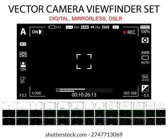 Camera focusing screen 39 in 1 pack - digital, mirorless, DSLR, cameraphone. White, black and green viewfinders camera recording. 4K ready detailed templates. Vector illustration