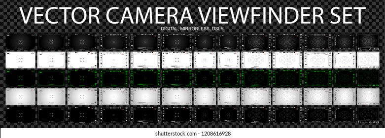 Camera focusing screen 65 in 1 pack - digital, mirorless, DSLR, cameraphone. White, black and green viewfinders camera recording. 4K ready detailed templates. Vector illustration