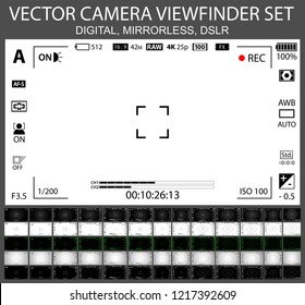 Camera focusing screen 65 in 1 pack - digital, mirorless, DSLR, cameraphone. White, black and green viewfinders camera recording. 4K ready detailed templates. Vector illustration