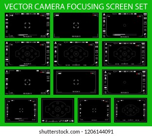 Camera focusing screen with settings 13 in 1 pack - digital, mirorless, DSLR, cameraphone isolated. Viewfinders camera recording. Vector illustration