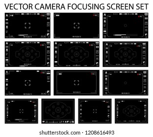 Camera focusing screen with settings 13 in 1 pack - digital, mirorless, DSLR, cameraphone isolated. Viewfinders camera recording. Vector illustration