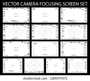 Camera focusing screen with settings 13 in 1 pack - digital, mirorless, DSLR, cameraphone isolated. Viewfinders camera recording. Vector illustration