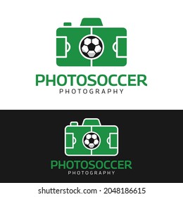 Camera with Football Field and Ball Logo Design Template. Suitable for Photography Photo Studio, Photographer, Sports, Cameramen, Reporter. Logo Design in Modern Flat Style.