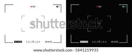 Camera frame on screen for security. Record 4k video. Viewfinder, dslr, focus for rec video and production film. Template for photo and hd videography. Display of cam with grid, shutter, lens. Vector.