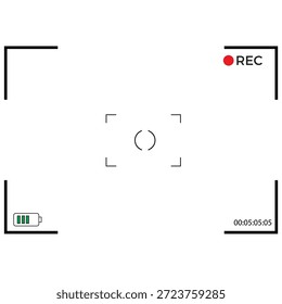 Visualización del visor del marco de la cámara que muestra el rec, hd, 4k, 8k, batería, temporizador y enfoque con los soportes de las esquinas, Vector de la Plantilla de la pantalla de la grabación de la cámara