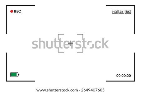 Camera frame viewfinder display showing rec, hd, 4k, 8k, battery, timer and focus with corner brackets, Camera recording screen template Vector PNG transparent background