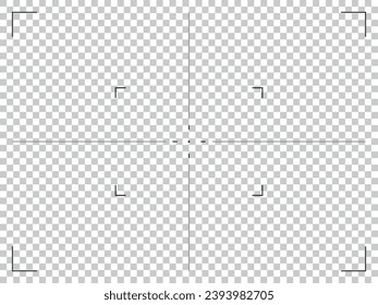 Kamerahandrahmen-Suchergitter mit Zielkreuz. Digitaler Bildschirm für Videokameraaufnahmegeräte. Vektorkamera-Rahmen mit transparentem Hintergrund.
