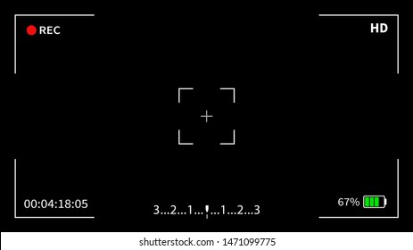 Camera frame viewfinder screen of video recorder digital display. Vector, black camera display interface.