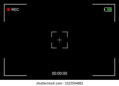 Camera frame viewfinder screen of video recorder, recording video screen, digital display interface. Camera viewfinder, rec icon with information and timing, video screen on a black background