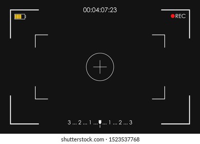 Camera frame viewfinder. Screen of video recorder, video camera digital display template on black background. Vector illustration.