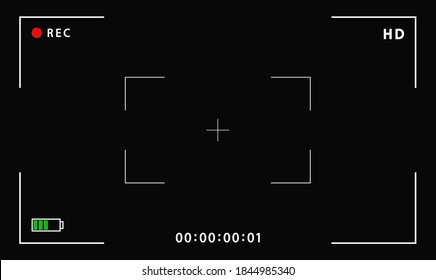 Camera frame viewfinder screen of video recorder digital display interface. Focusing screen in the center of camera in recording time. battery status, video quality, Image stabilization icons