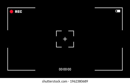 Camera frame viewfinder screen of vido recorder, recording video screen. Background for record movie. Display with focus, time, battery for videography, surveillance. Template for photography, cinema.