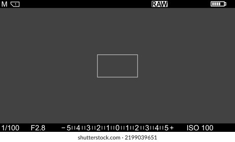 Camera frame viewfinder with several information in the overlay. Template for photography or videography and videos