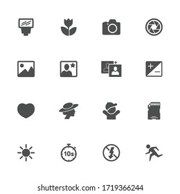 Camera function flat icons in gray. Set of 16 pieces.