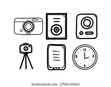 Cámara dibujada a mano y conjunto de iconos de gadgets. Iconos de Fotografía y Tecnología de estilo de boceto.