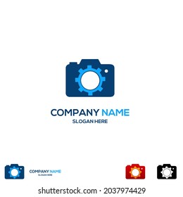 Camera with gear logo design concept modern, camera service logo design on isolated background