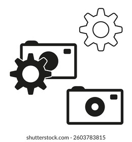 Camera with gear. Photo settings icon. Black and white graphic. Modern minimal vector.
