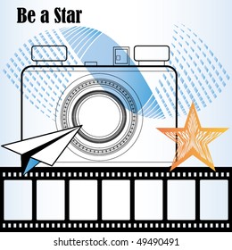 Camera with geometric shape film paper airplane and funky star
