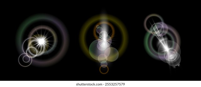 Camera glares and warm sunlight flare with circles. Vector isolated realistic set of radiant rounded rays with glowing effect. Summer and spring seasonal weather. Summertime blur for sky