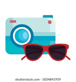 diseño de cámara y gafas, vacaciones de verano y tema tropical Ilustración vectorial