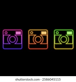 Camera. Glowing neon icon on brick wall background.