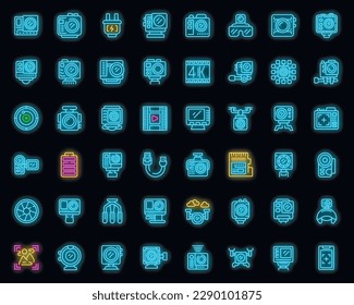 Camera go pro icons set outline vector. Action camera. 4k cam neon color on black