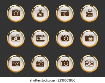 camera gold-rimmed vector icons on dark background. camera icons in gold frame for web, mobile and ui design