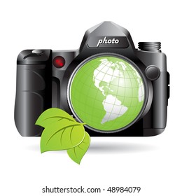 camera and green globe