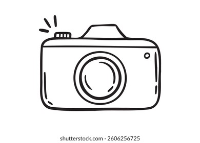 Camera hand drawn doodle isolated icon white background. Camera symbol outline drawn by hand. Vector illustration