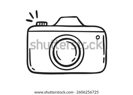 Camera hand drawn doodle isolated icon white background. Camera symbol outline drawn by hand. Vector illustration