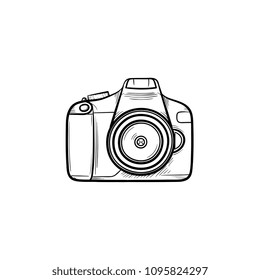 Camera hand drawn outline doodle icon. Digital photocamera with lens and flash vector sketch illustration for print, web, mobile and infographics isolated on white background.