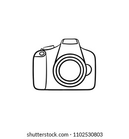 Camera hand drawn outline doodle icon. Digital photocamera with lens and flash vector sketch illustration for print, web, mobile and infographics isolated on white background.