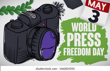 Camera in hand drawn style and paint brush strokes, memory card, olive branch and loose-leaf calendar with reminder date to celebrate World Press Freedom Day this 3rd May.