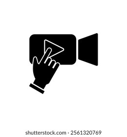 Camera and hand icon logo. Watch now video play button icon vector